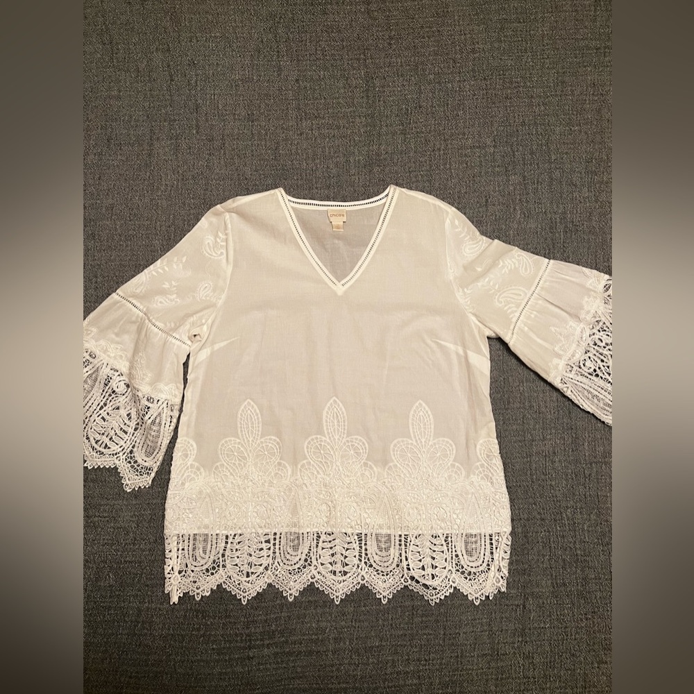 Chicos white eyelet tunic with embroidery details. Size 2